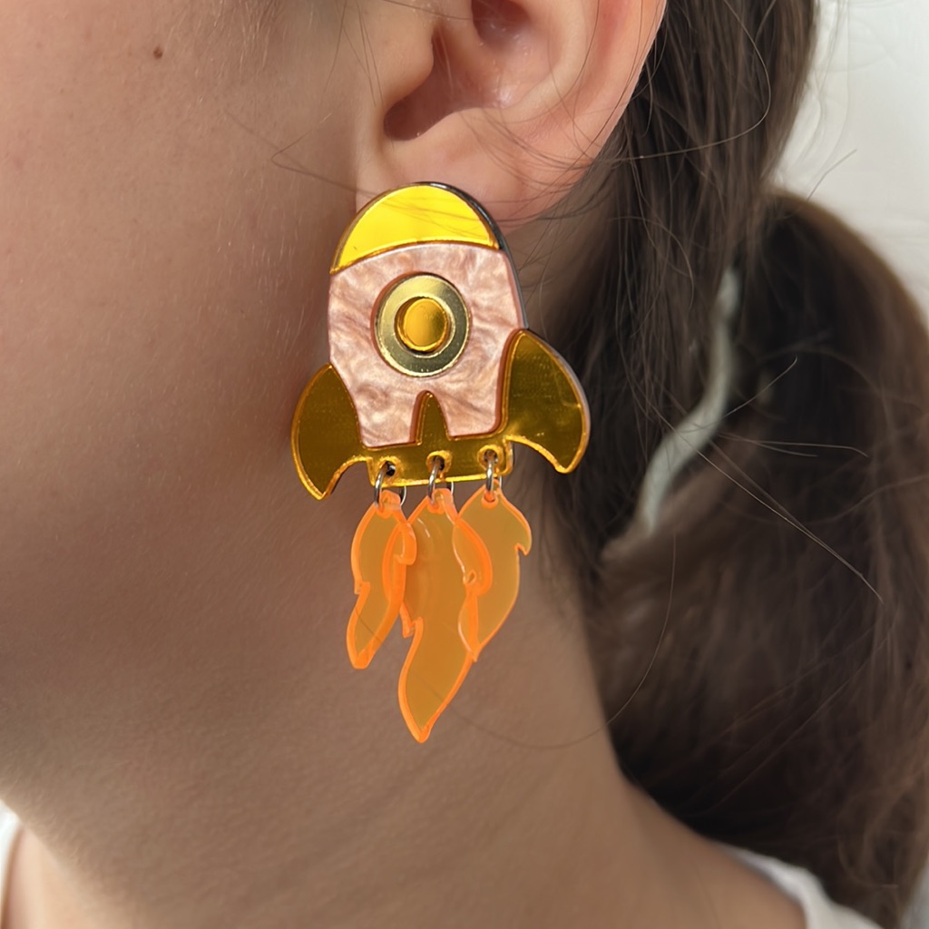 Out Of This World Retro Neon Rocket Mirrored Novelty Earrings Orange